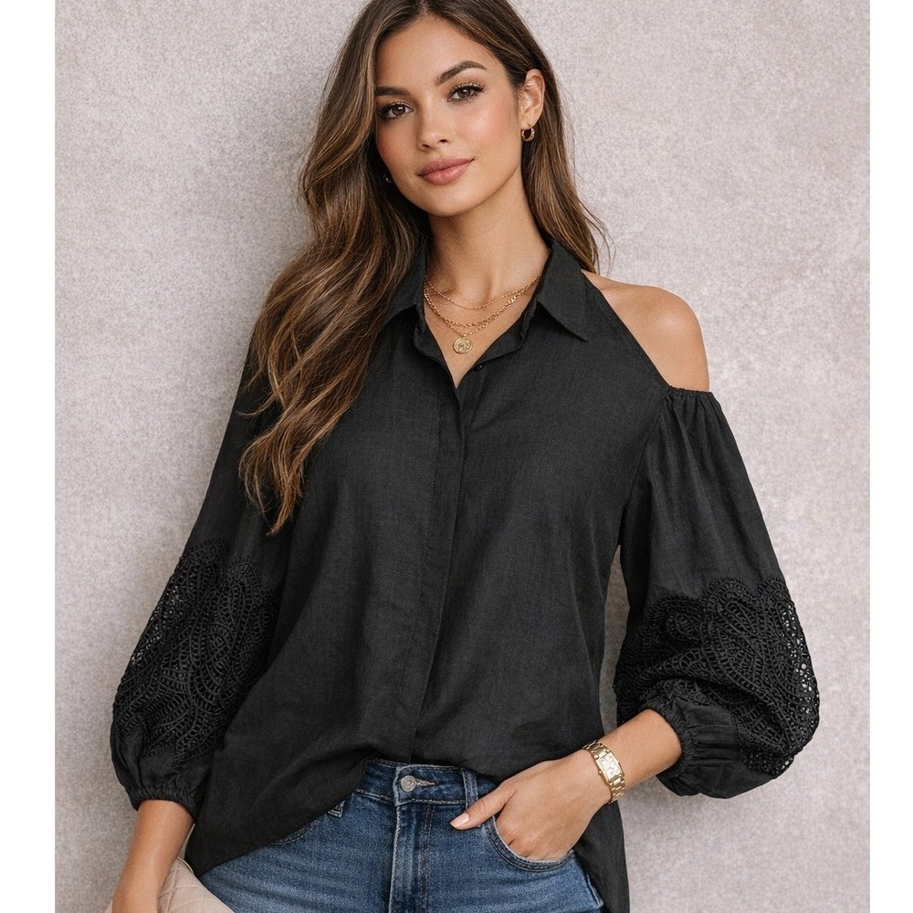 BEATRICE‎ .B Hemp Cold Shoulder Lace Sleeve Blouse Top Lagenlook Summer Sz US 14